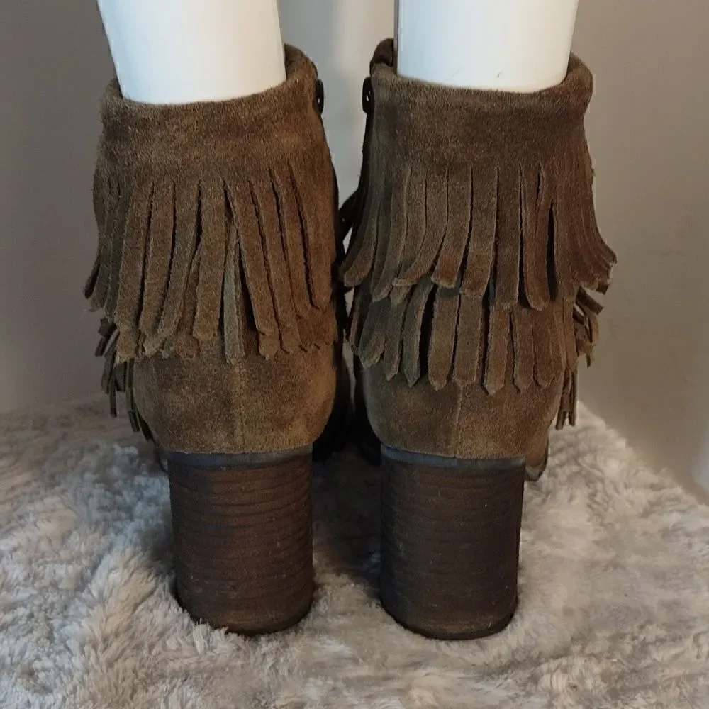 Sbicca Brown Suede Fringe Block Heel Booties